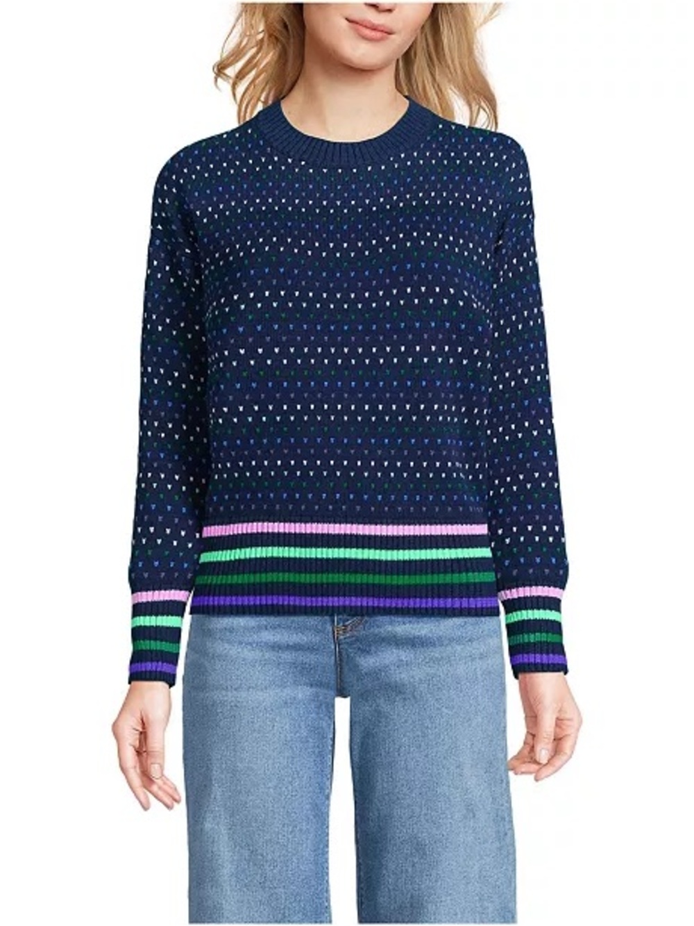 Lands' End Womens Drifter Easy Fit Crew Neck Sweater Birdseye Cotton Blue Large